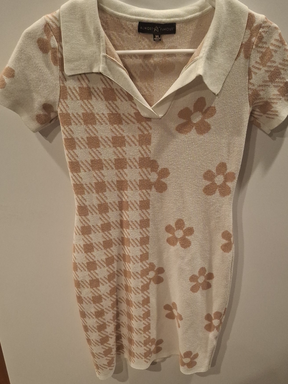 Almost Famous Cream & Tan Floral Knit Polo Dress